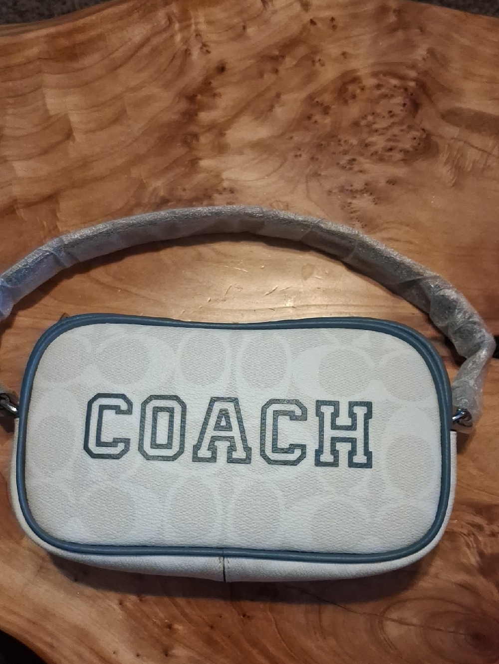 Coach "JAMIE" Wristlet Cream Crossbody with Blue Trim and Logo